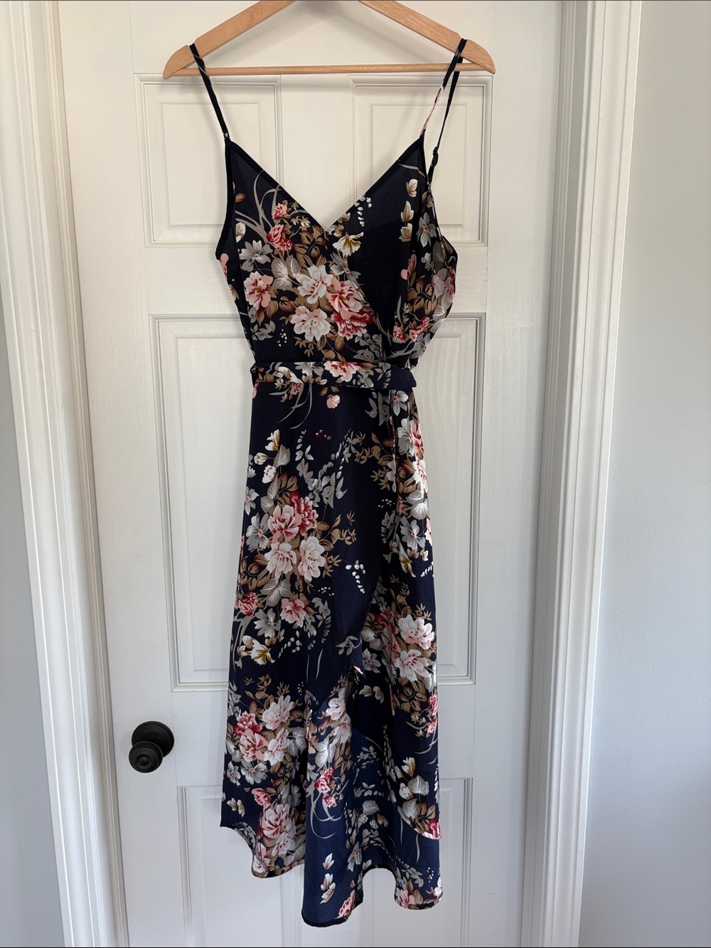 SHEIN Navy Floral Wrap-Front Midi Dress